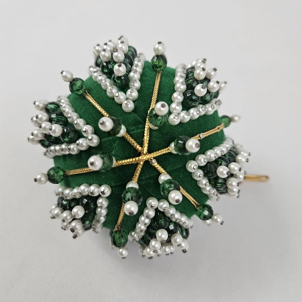 Vintage Satin Velvet Beaded Sequin Push Pin Christmas Tree Ornament Green